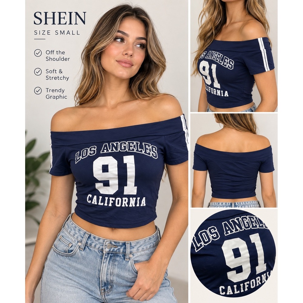 SHEIN Los Angeles 91 California Graphic Off Shoulder Crop Top Navy Blue Small